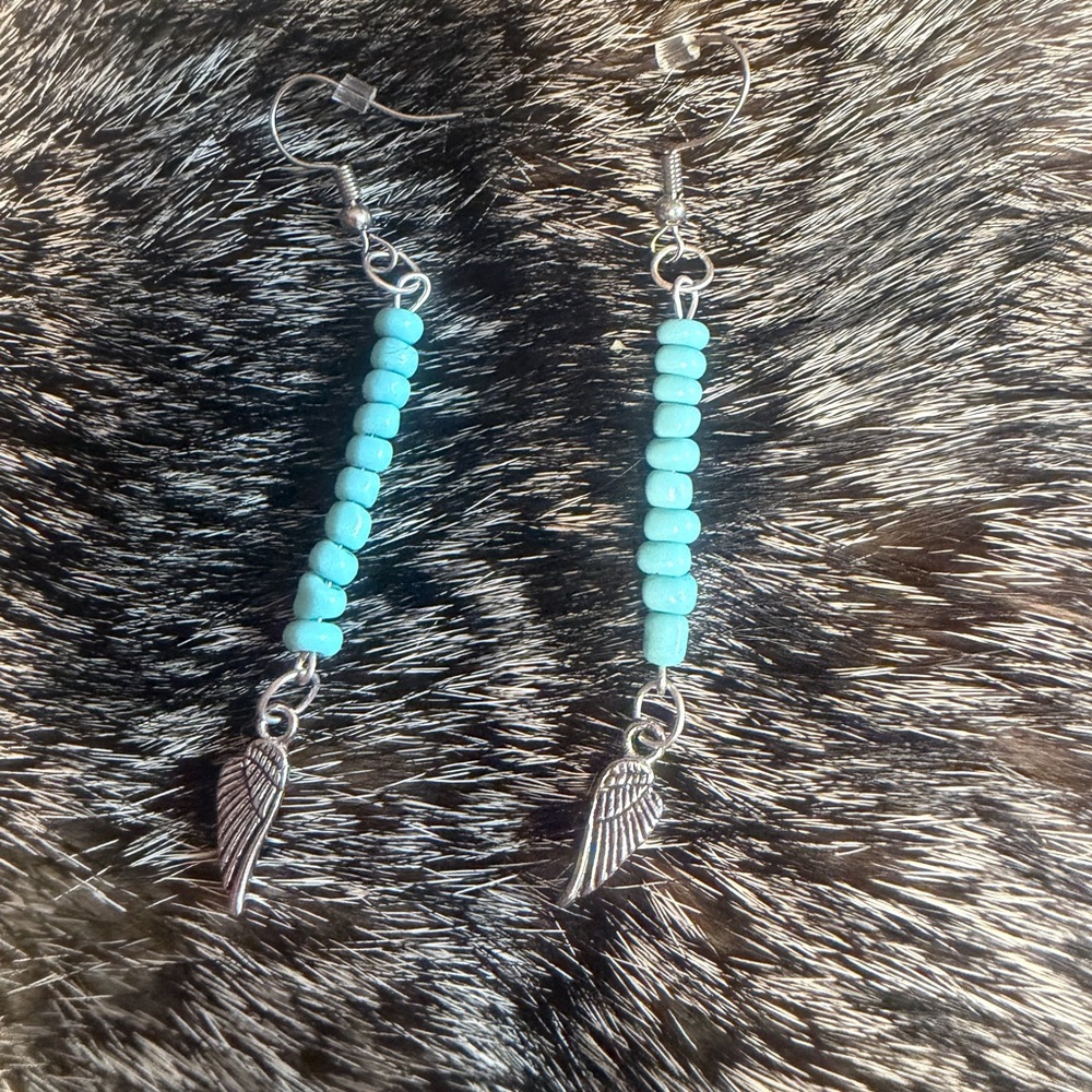 Silver and Turquoise Beaded Wing Earrings